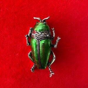 SOLD Green Beetle Brooch with Silver Accents
